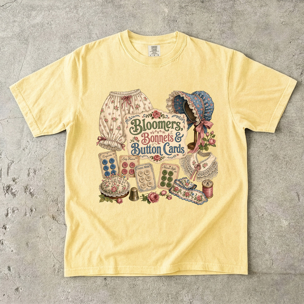 Bloomers, Bonnets, And Button Cards Vintage Tee | Antique Notions Collector Shirt | Gift for Vintage Collectors