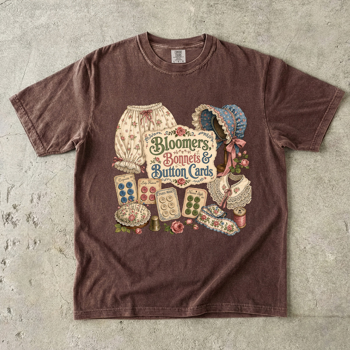 Bloomers, Bonnets, And Button Cards Vintage Tee | Antique Notions Collector Shirt | Gift for Vintage Collectors