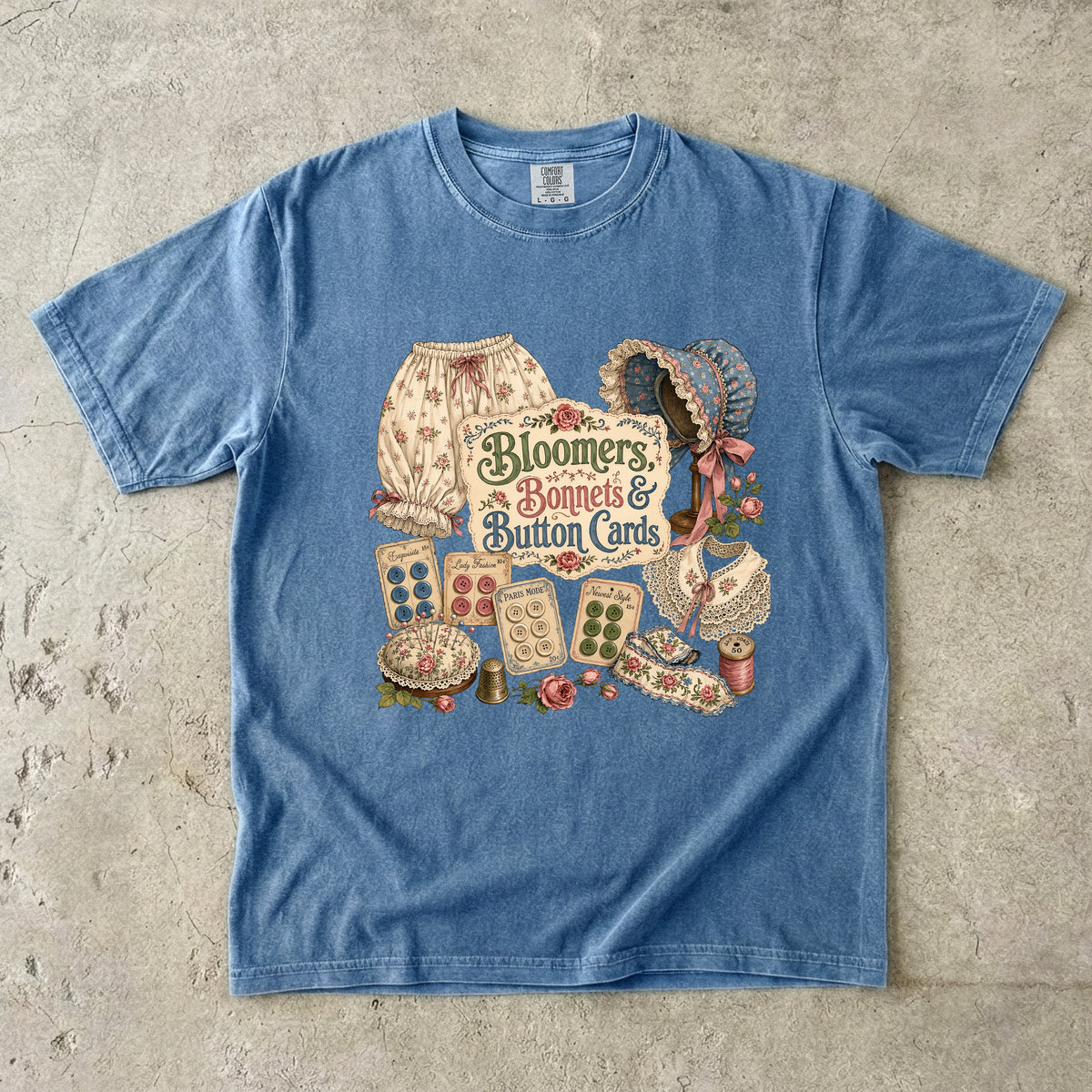 Bloomers, Bonnets, And Button Cards Vintage Tee | Antique Notions Collector Shirt | Gift for Vintage Collectors