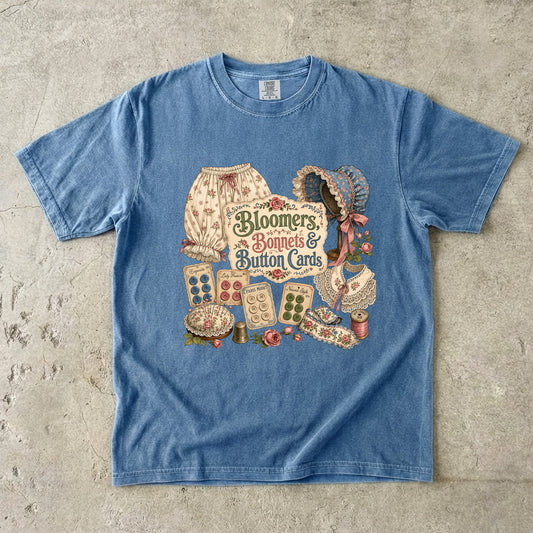Bloomers, Bonnets, And Button Cards Vintage Tee | Antique Notions Collector Shirt | Gift for Vintage Collectors