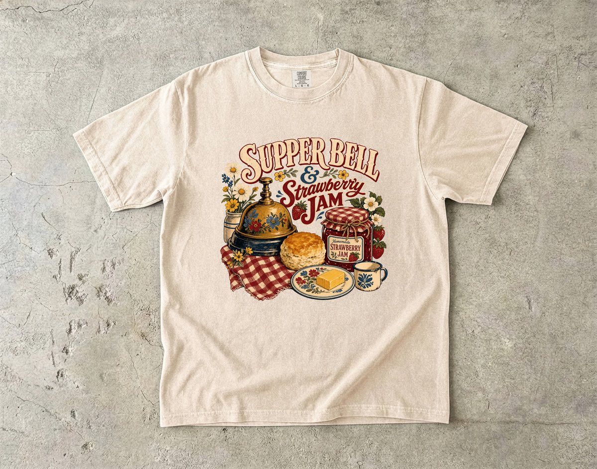 Supper Bell And Strawberry Jam Vintage Tee | Grandmacore Kitchen Shirt | Gift for Home Cooks