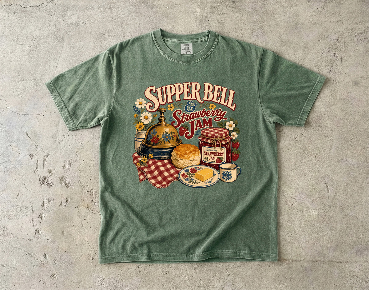 Supper Bell And Strawberry Jam Vintage Tee | Grandmacore Kitchen Shirt | Gift for Home Cooks