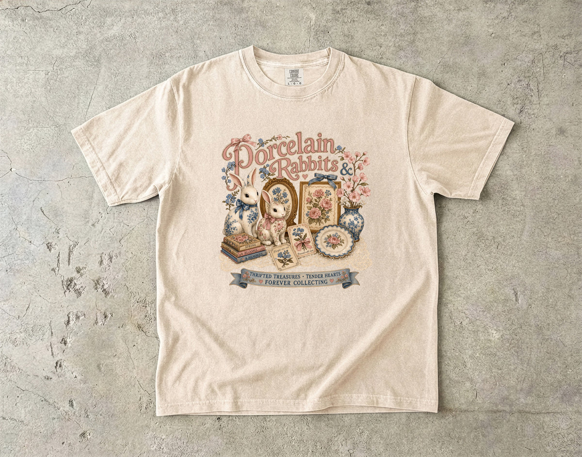 Porcelain Rabbits And Pressed Flowers Vintage Tee | Grandmacore Collector Shirt | Gift for Vintage Collectors