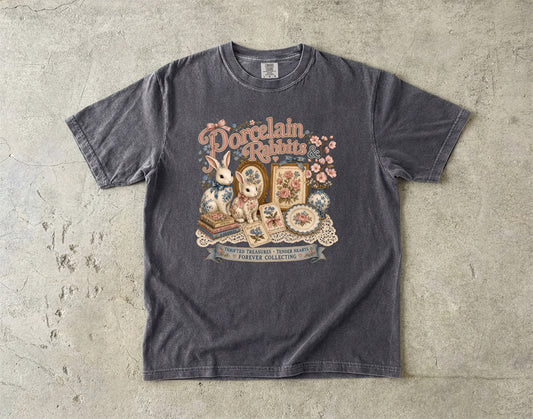 Porcelain Rabbits And Pressed Flowers Vintage Tee | Grandmacore Collector Shirt | Gift for Vintage Collectors