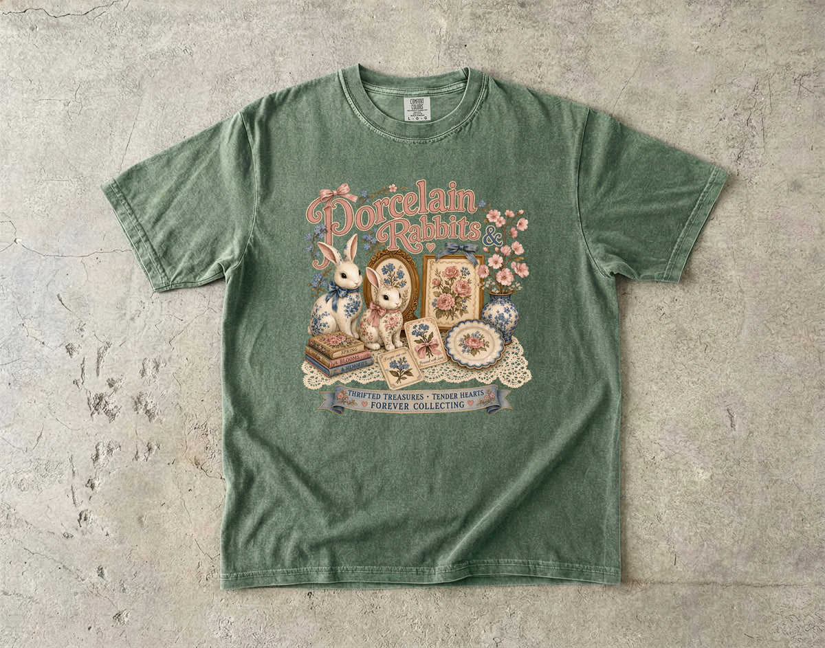 Porcelain Rabbits And Pressed Flowers Vintage Tee | Grandmacore Collector Shirt | Gift for Vintage Collectors