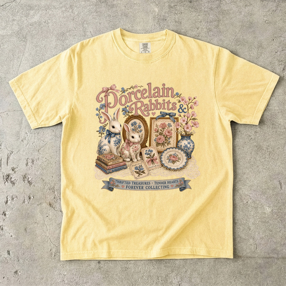 Porcelain Rabbits And Pressed Flowers Vintage Tee | Grandmacore Collector Shirt | Gift for Vintage Collectors