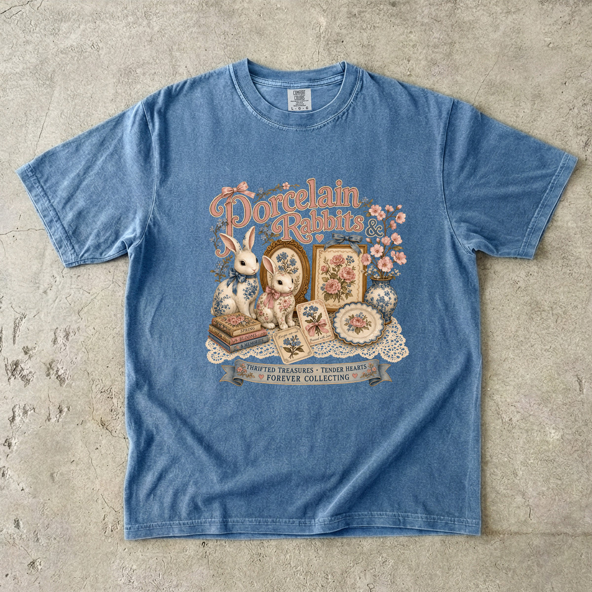 Porcelain Rabbits And Pressed Flowers Vintage Tee | Grandmacore Collector Shirt | Gift for Vintage Collectors