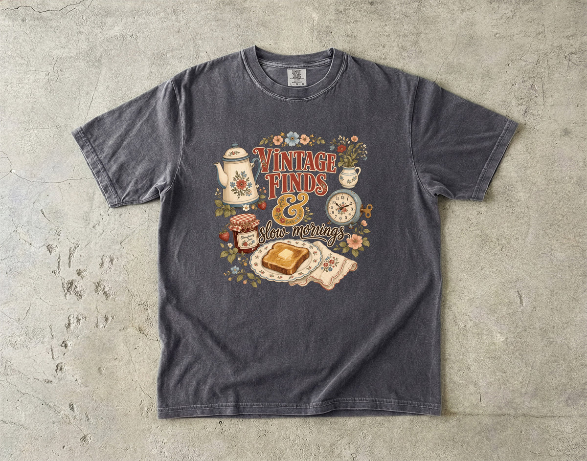 Vintage Finds and Slow Mornings Tee | Farmhouse Kitchen Shirt | Gift for Vintage Lovers