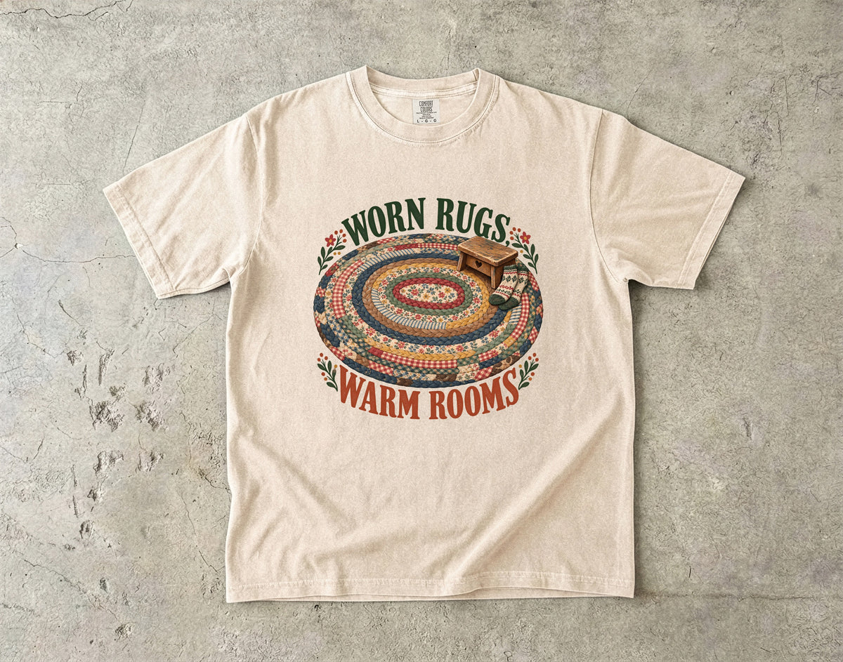 Worn Rugs Warm Rooms Vintage Tee | Braided Rug Farmhouse Shirt | Gift for Vintage Home Lovers