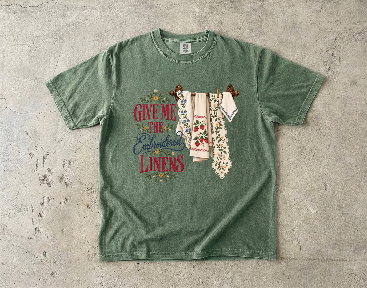 Give Me the Embroidered Linens Vintage Tee | Vintage Tea Towel Shirt | Gift for Linen Lovers