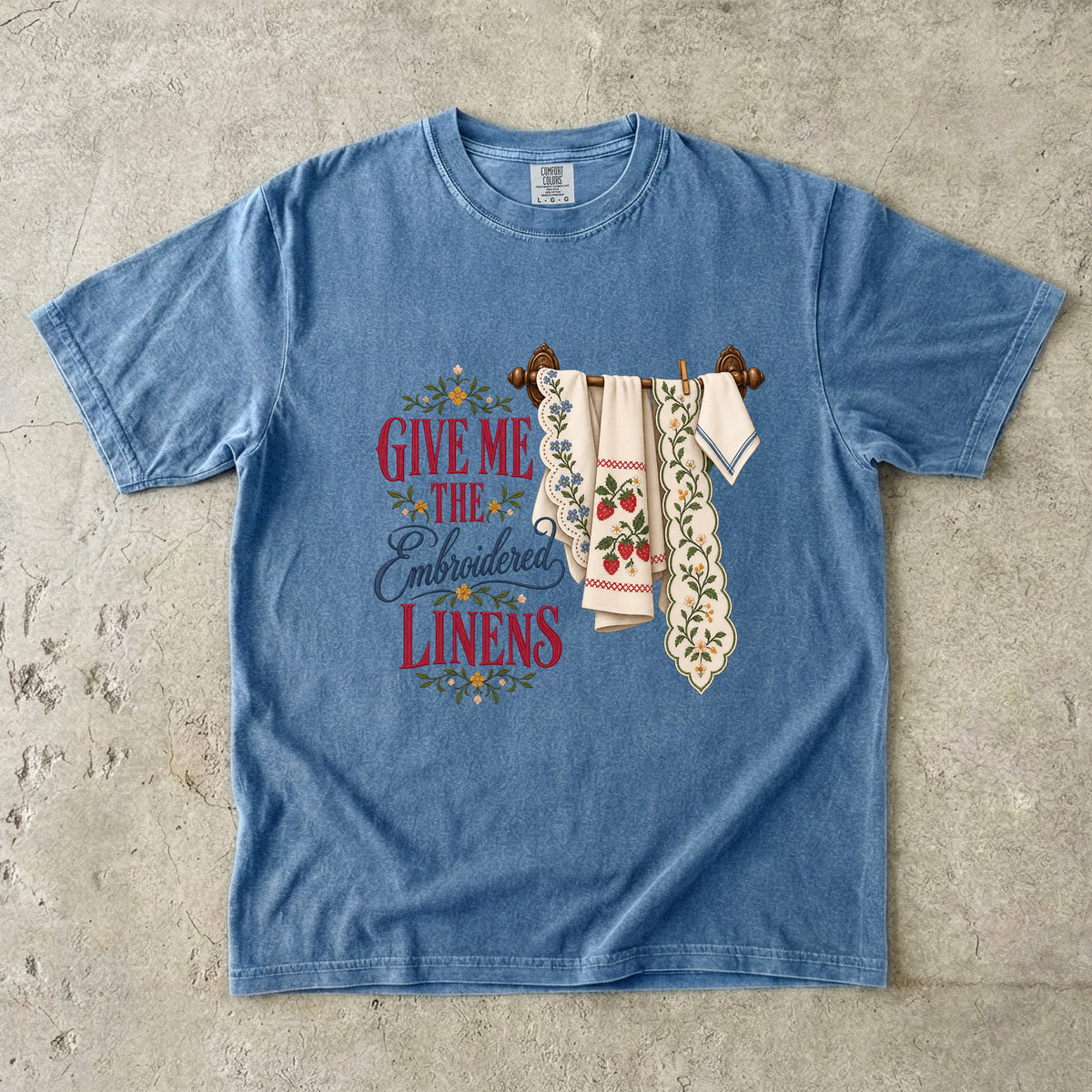 Give Me the Embroidered Linens Vintage Tee | Vintage Tea Towel Shirt | Gift for Linen Lovers