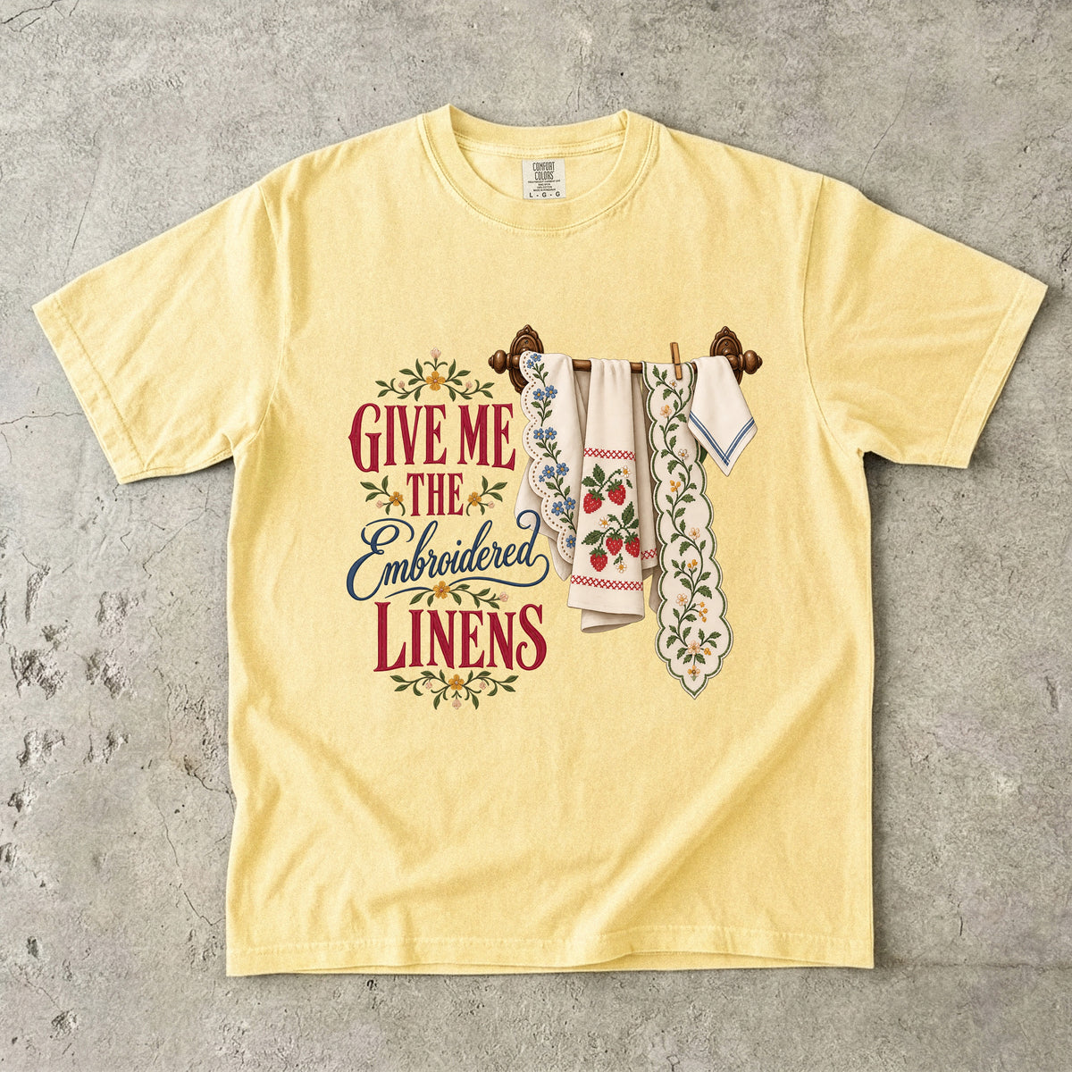 Give Me the Embroidered Linens Vintage Tee | Vintage Tea Towel Shirt | Gift for Linen Lovers