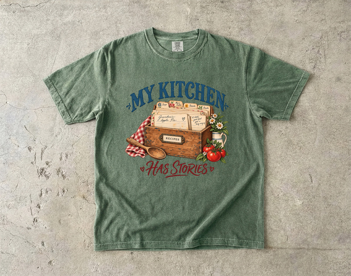 My Kitchen Has Stories Vintage Tee | Recipe Box Shirt | Gift for Bakers & Grandmacore Lovers
