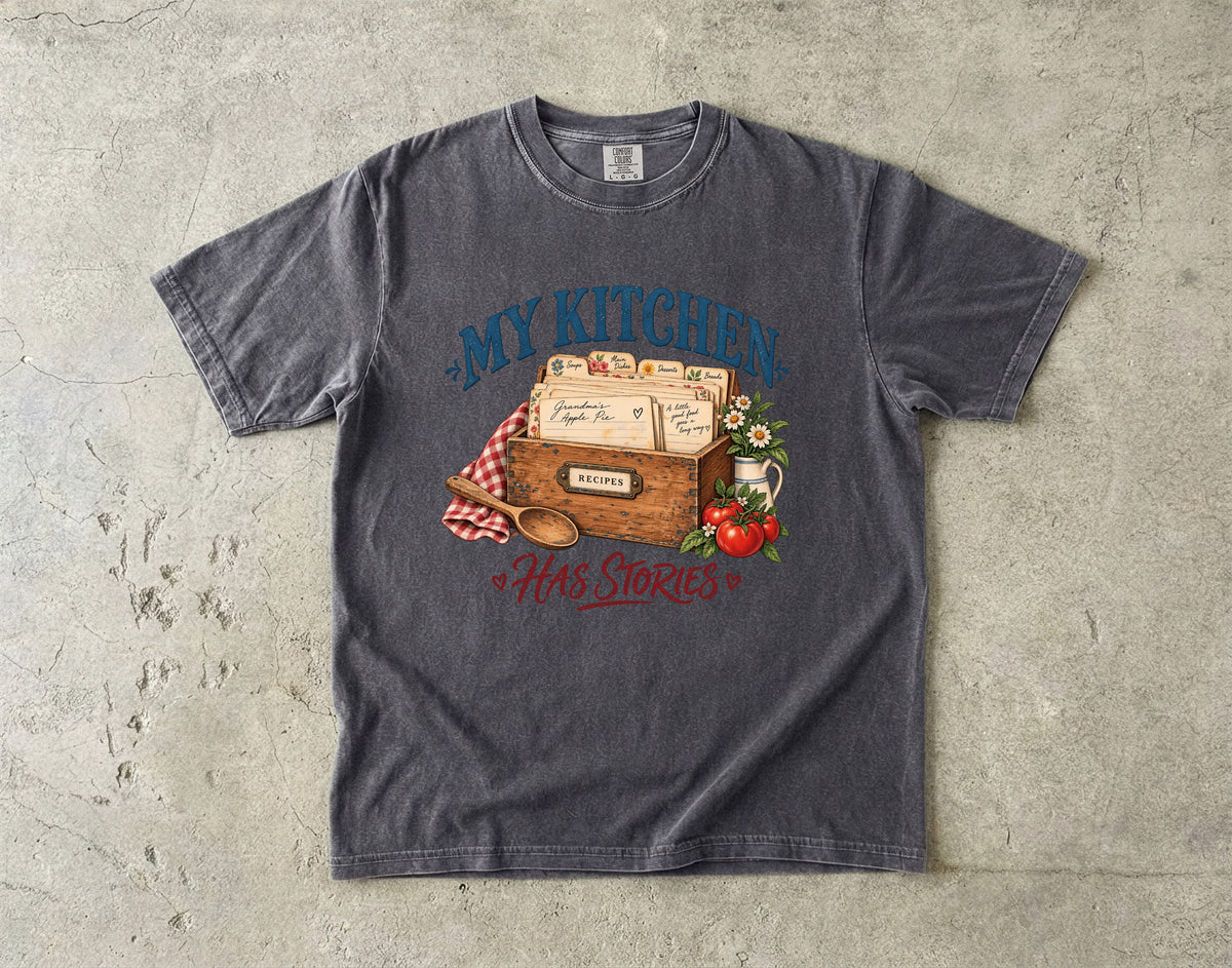 My Kitchen Has Stories Vintage Tee | Recipe Box Shirt | Gift for Bakers & Grandmacore Lovers