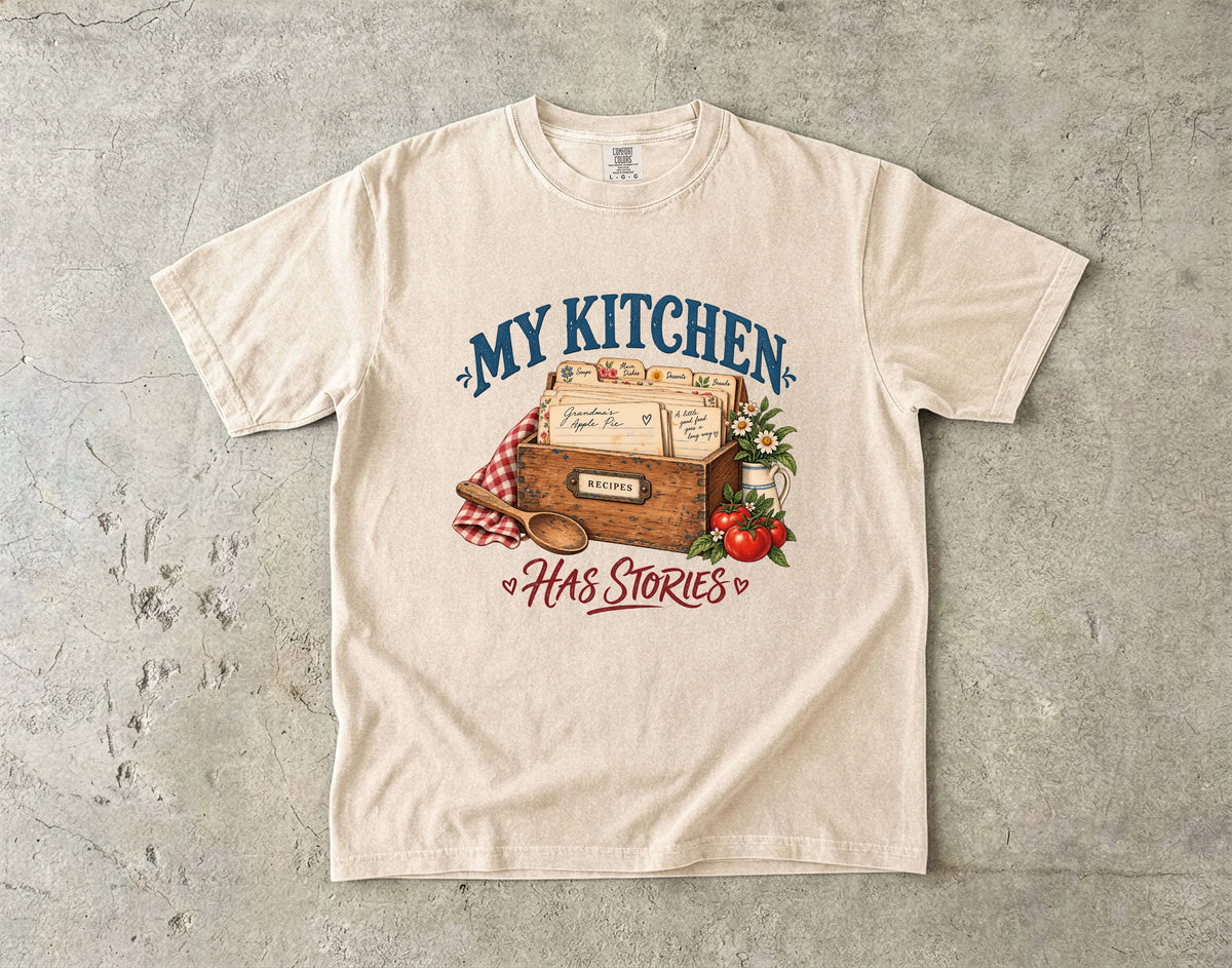 My Kitchen Has Stories Vintage Tee | Recipe Box Shirt | Gift for Bakers & Grandmacore Lovers