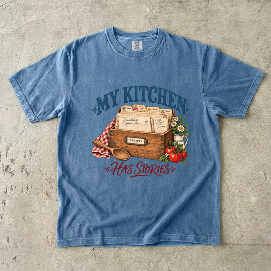 My Kitchen Has Stories Vintage Tee | Recipe Box Shirt | Gift for Bakers & Grandmacore Lovers
