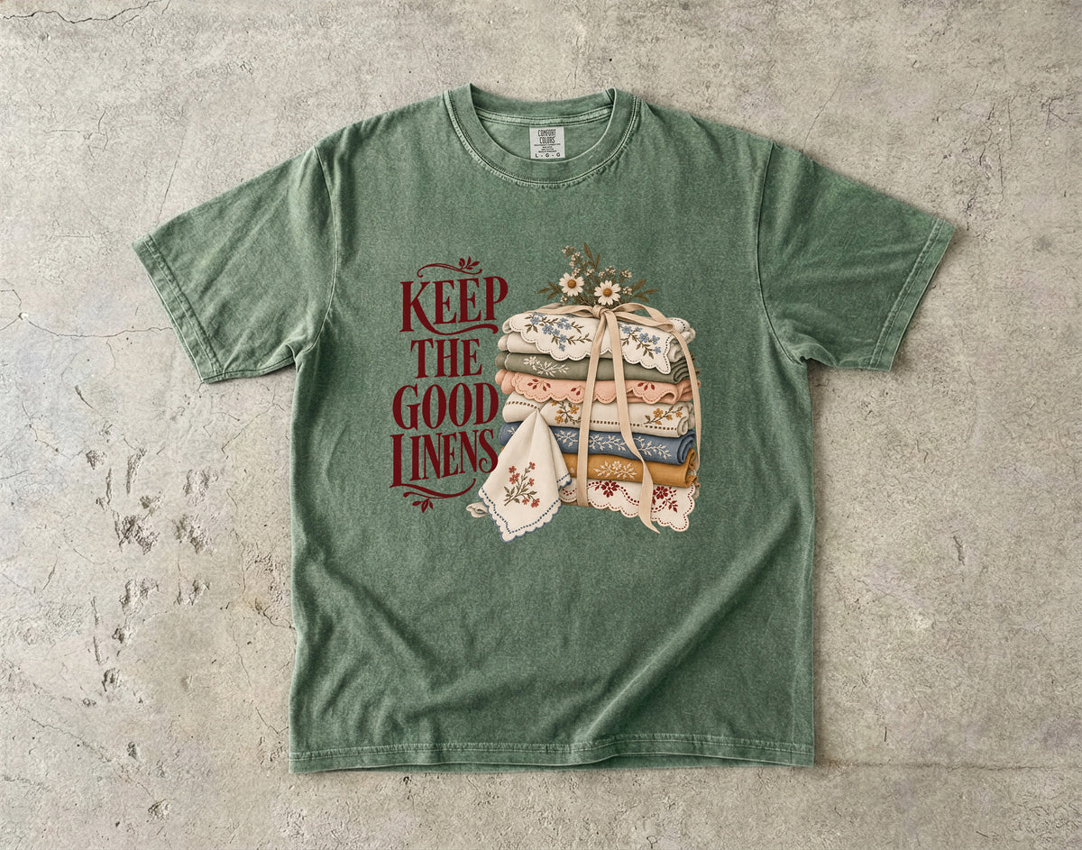 Keep the Good Linens Vintage Tee | Embroidered Linen Stack Shirt | Gift for Thrifters & Grandmacore Lovers