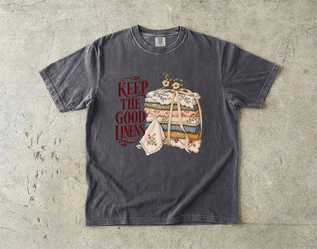 Keep the Good Linens Vintage Tee | Embroidered Linen Stack Shirt | Gift for Thrifters & Grandmacore Lovers