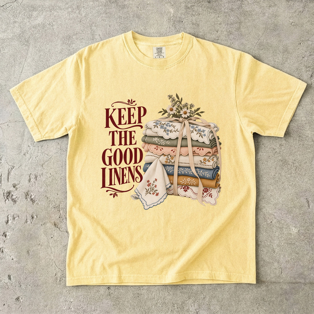 Keep the Good Linens Vintage Tee | Embroidered Linen Stack Shirt | Gift for Thrifters & Grandmacore Lovers