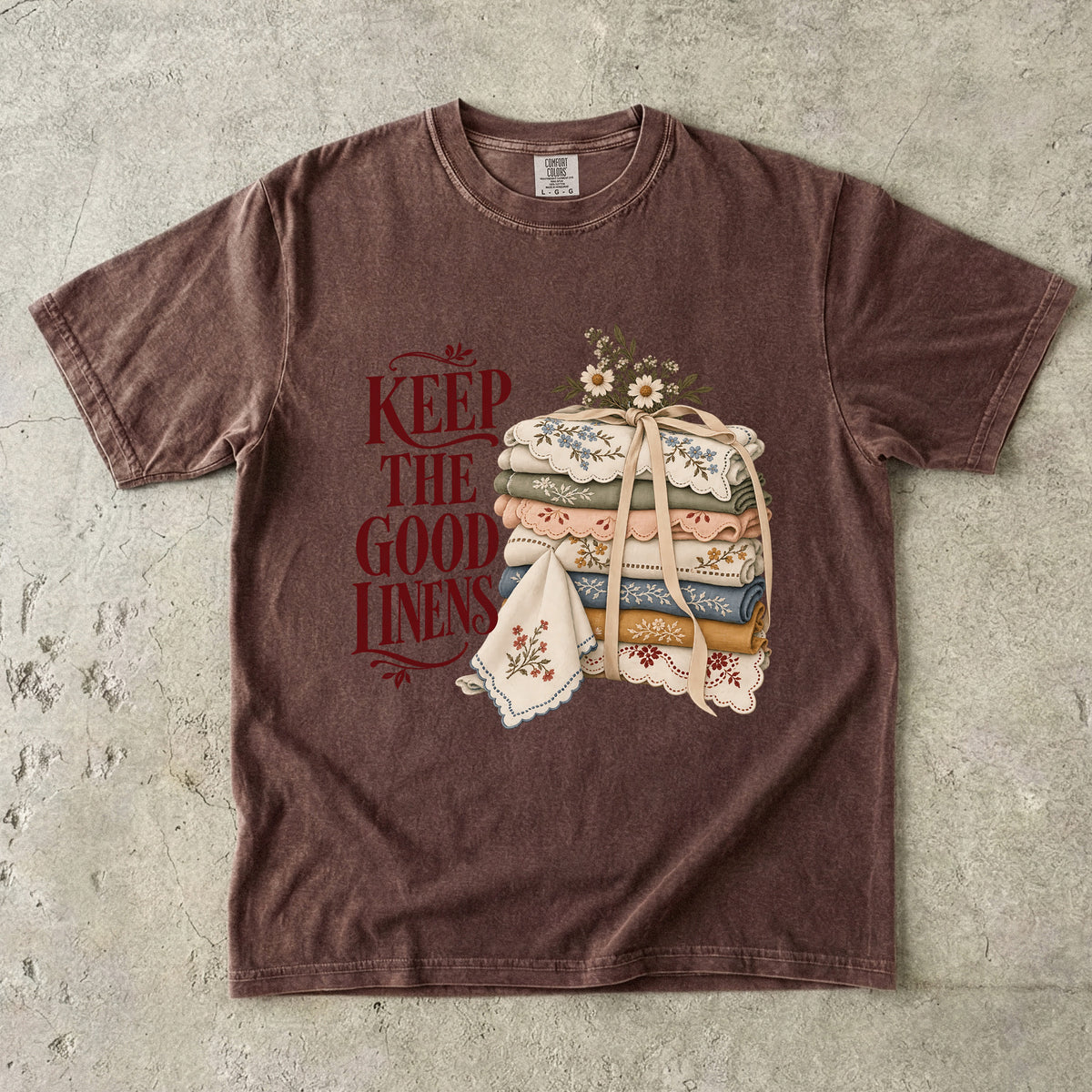 Keep the Good Linens Vintage Tee | Embroidered Linen Stack Shirt | Gift for Thrifters & Grandmacore Lovers