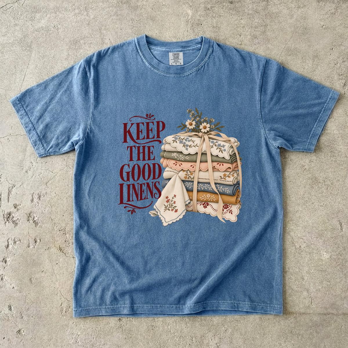 Keep the Good Linens Vintage Tee | Embroidered Linen Stack Shirt | Gift for Thrifters & Grandmacore Lovers