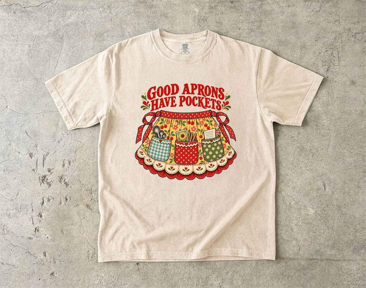 Good Aprons Have Pockets Vintage Tee | Cherry Print Half Apron Shirt | Gift for Bakers & Grandmacore Lovers