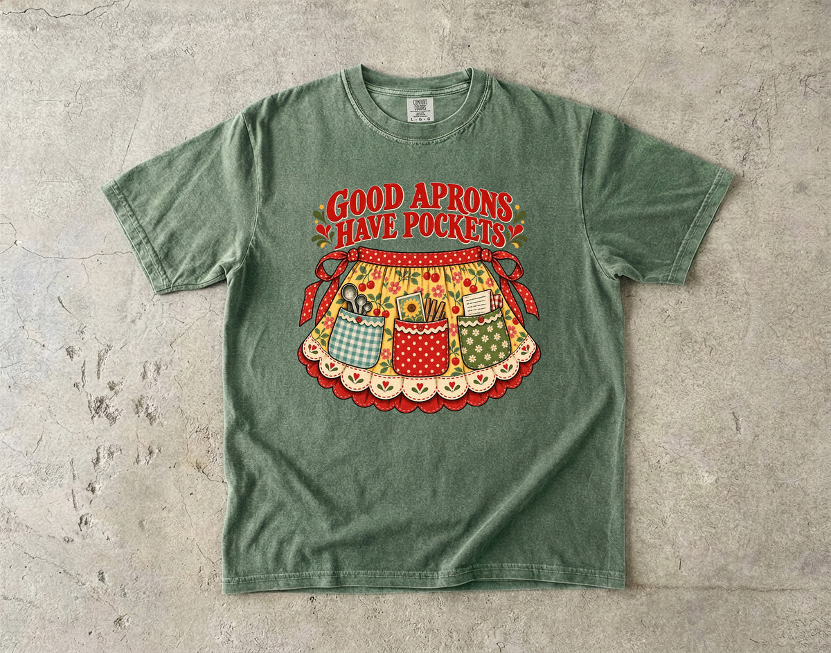 Good Aprons Have Pockets Vintage Tee | Cherry Print Half Apron Shirt | Gift for Bakers & Grandmacore Lovers