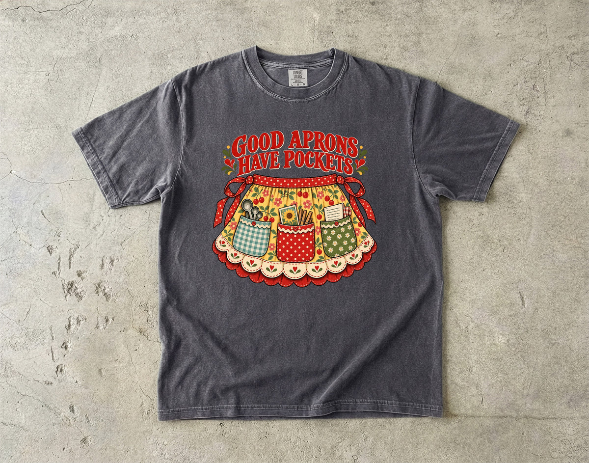 Good Aprons Have Pockets Vintage Tee | Cherry Print Half Apron Shirt | Gift for Bakers & Grandmacore Lovers