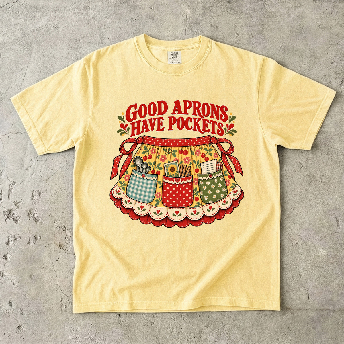 Good Aprons Have Pockets Vintage Tee | Cherry Print Half Apron Shirt | Gift for Bakers & Grandmacore Lovers