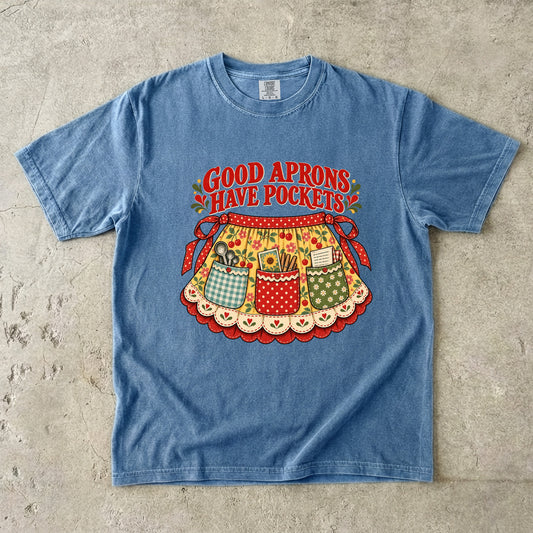 Good Aprons Have Pockets Vintage Tee | Cherry Print Half Apron Shirt | Gift for Bakers & Grandmacore Lovers