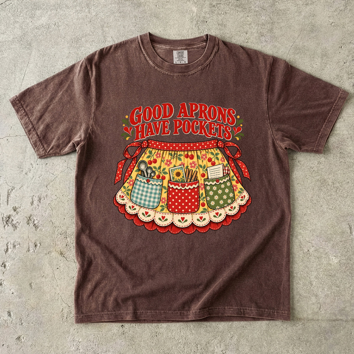 Good Aprons Have Pockets Vintage Tee | Cherry Print Half Apron Shirt | Gift for Bakers & Grandmacore Lovers