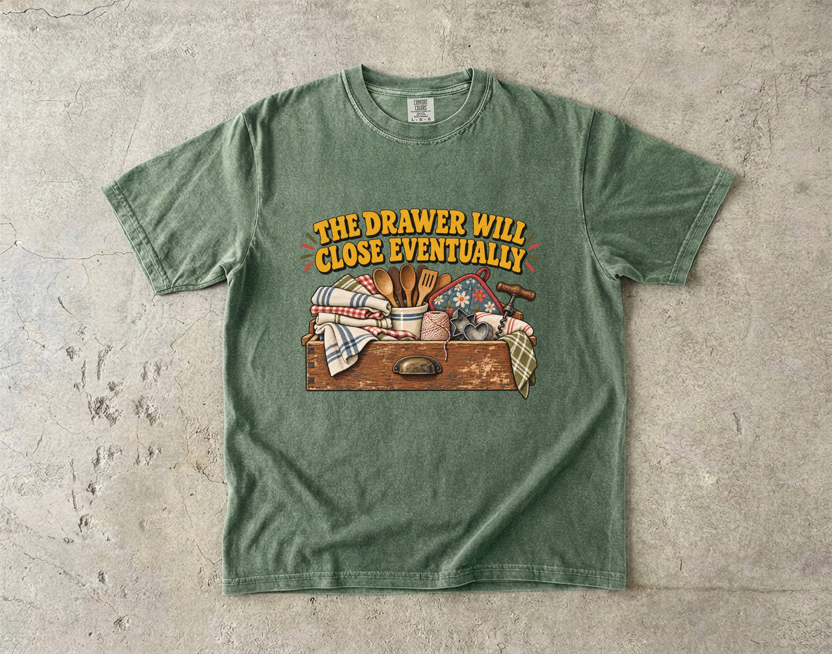 The Drawer Will Close Eventually Vintage Tee | Junk Drawer Humor Shirt | Gift for Vintage Kitchen Lovers