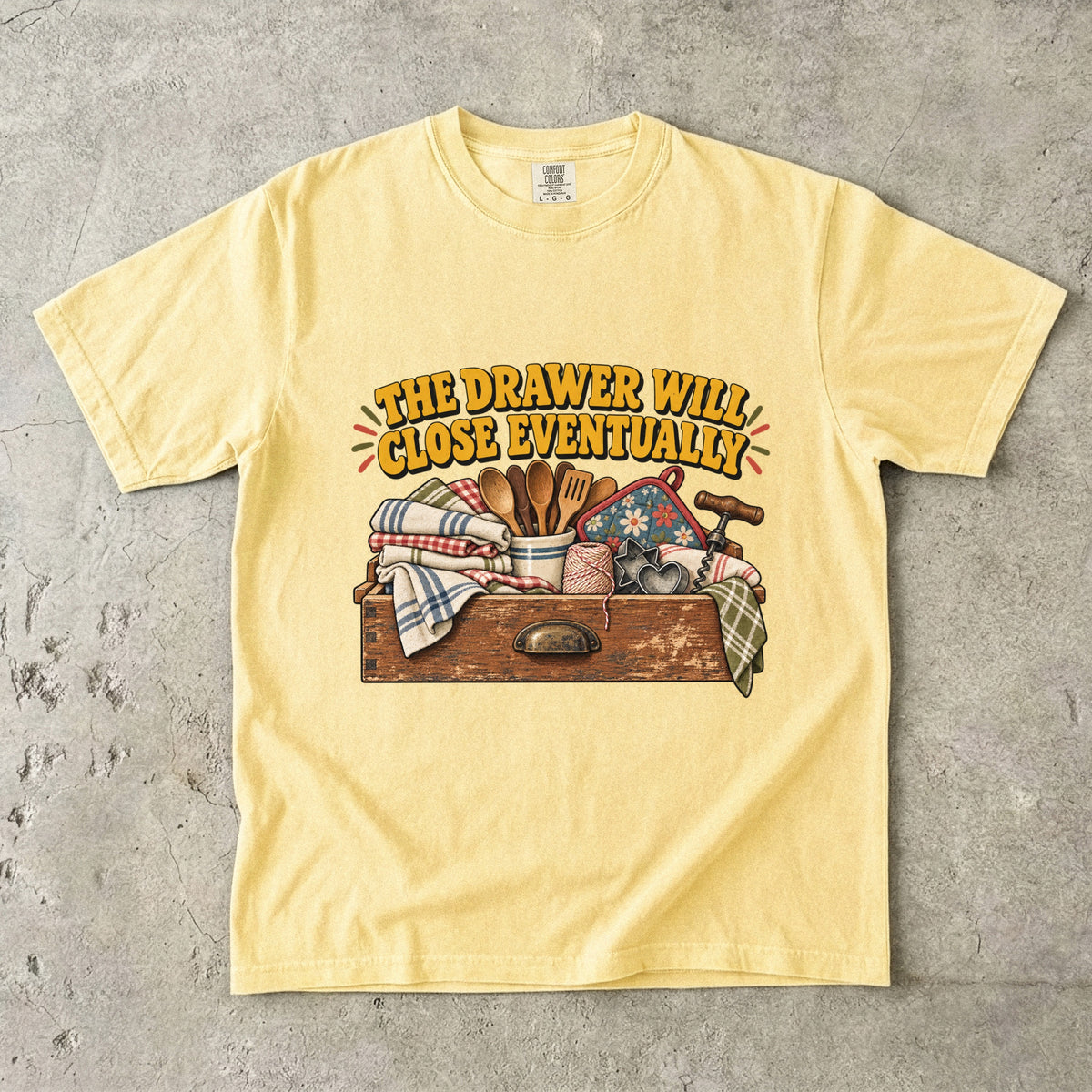 The Drawer Will Close Eventually Vintage Tee | Junk Drawer Humor Shirt | Gift for Vintage Kitchen Lovers