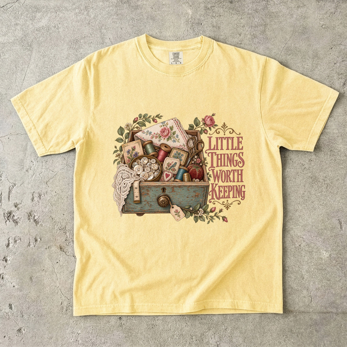 Little Things Worth Keeping Vintage Tee | Sewing Box Keepsake Shirt | Gift for Sentimental Sewers