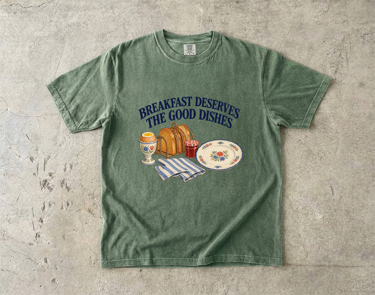 Breakfast Deserves The Good Dishes Vintage Tee | Vintage Breakfast Table Shirt | Gift for Slow Morning Lovers