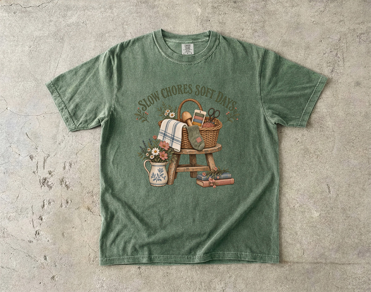Slow Chores Soft Days Vintage Tee | Mending Basket Slow Living Shirt | Gift for Slow-Living Homebodies