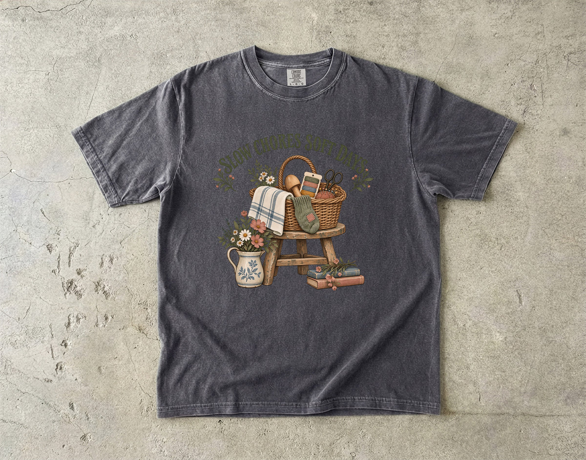 Slow Chores Soft Days Vintage Tee | Mending Basket Slow Living Shirt | Gift for Slow-Living Homebodies