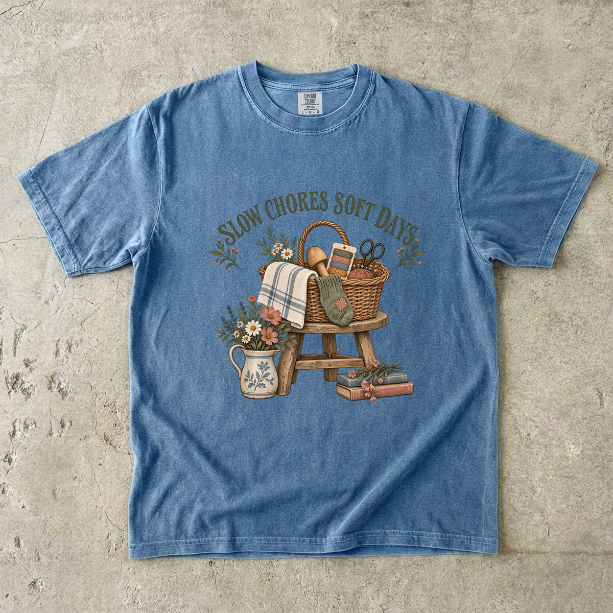 Slow Chores Soft Days Vintage Tee | Mending Basket Slow Living Shirt | Gift for Slow-Living Homebodies