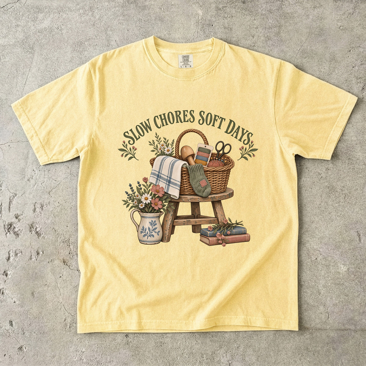 Slow Chores Soft Days Vintage Tee | Mending Basket Slow Living Shirt | Gift for Slow-Living Homebodies