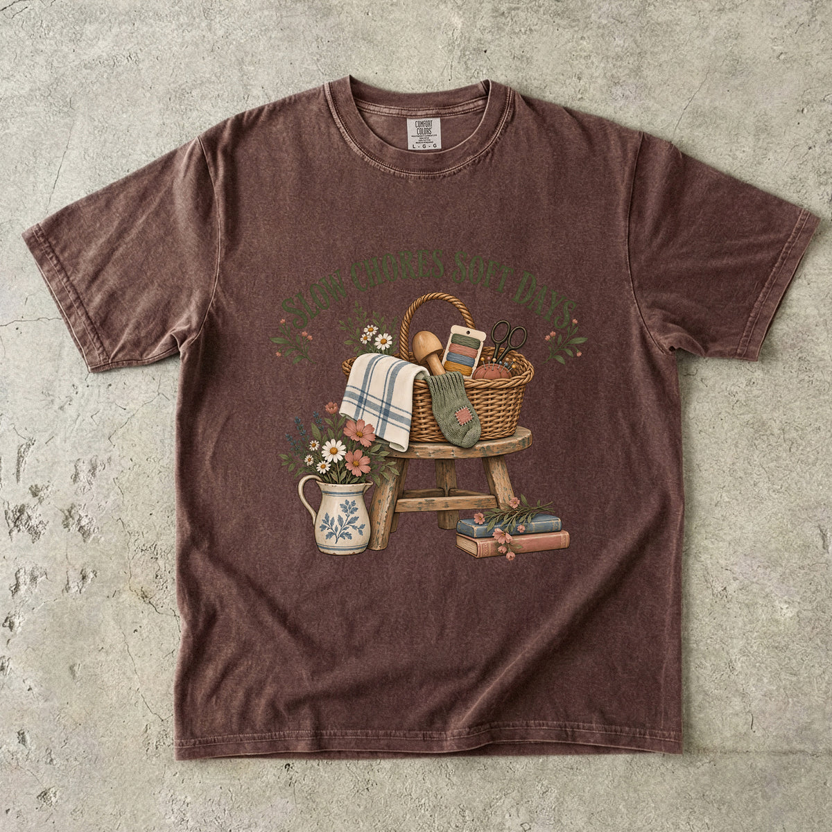 Slow Chores Soft Days Vintage Tee | Mending Basket Slow Living Shirt | Gift for Slow-Living Homebodies