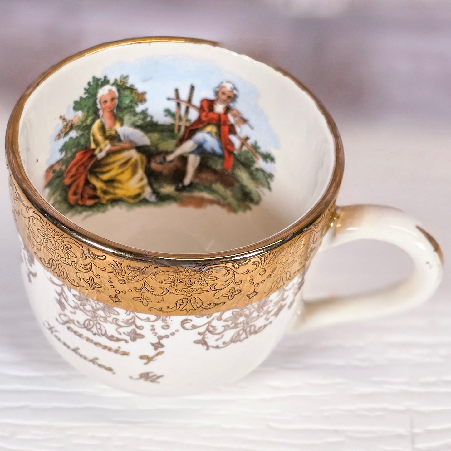 Crown O Gold Sabin Cup & Saucer | Vintage Porcelain Souvenir Kankakee IL