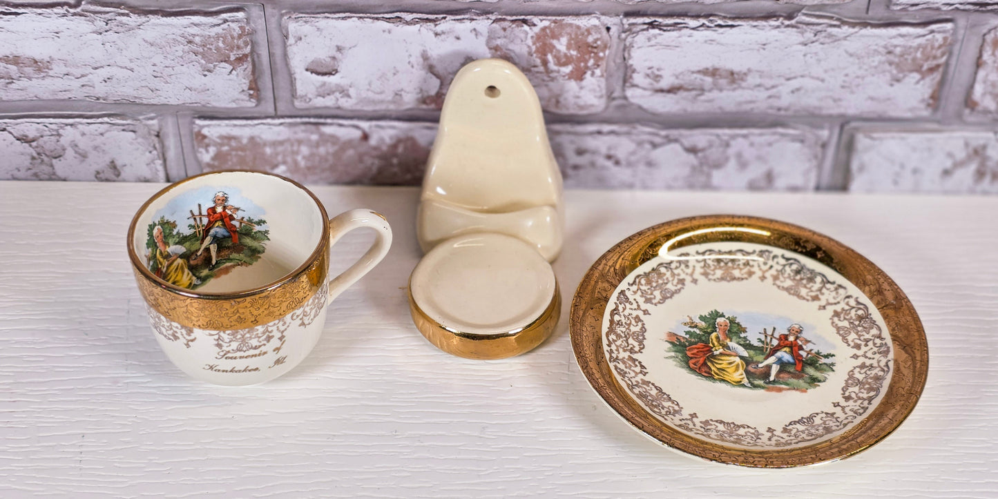 Crown O Gold Sabin Cup & Saucer | Vintage Porcelain Souvenir Kankakee IL