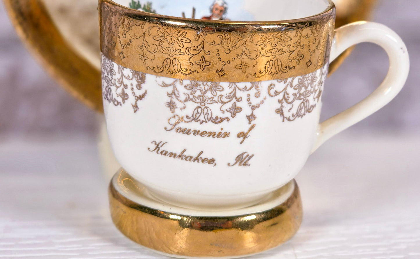 Crown O Gold Sabin Cup & Saucer | Vintage Porcelain Souvenir Kankakee IL