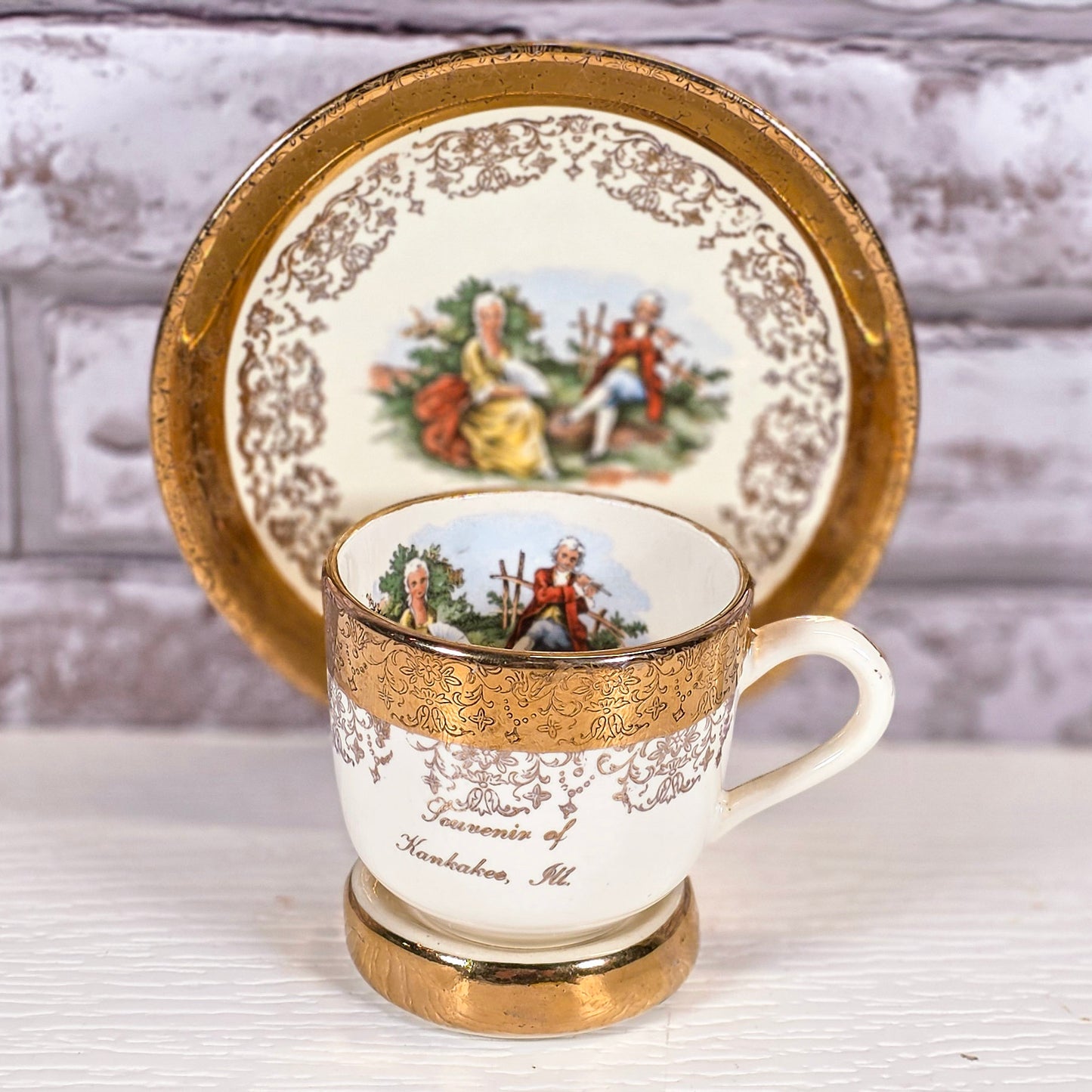 Crown O Gold Sabin Cup & Saucer | Vintage Porcelain Souvenir Kankakee IL