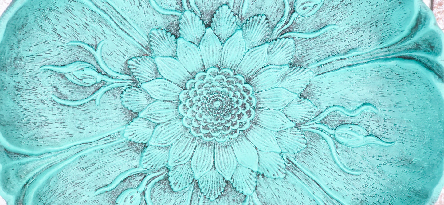 Upcycled Turquoise Floral Resin Bowl | Hand-Painted Decorative Bowl