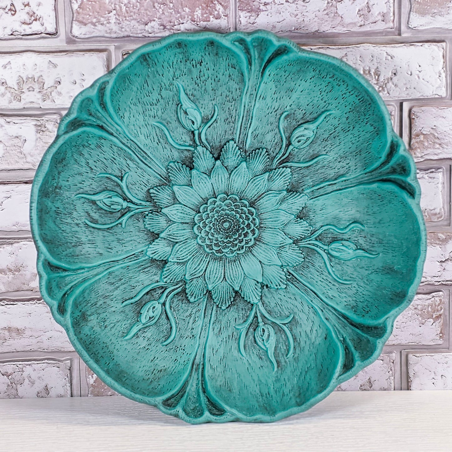 Upcycled Turquoise Floral Resin Bowl | Hand-Painted Decorative Bowl