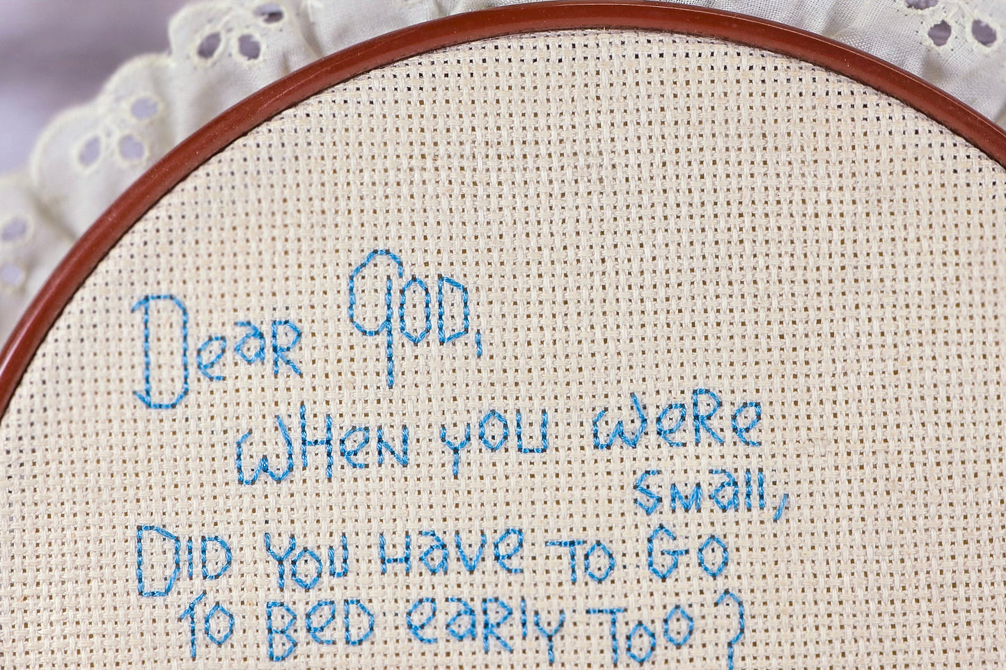 Grannycore Cross Stitch Wall Decor – Dear God Prayer Sampler – Cottagecore Hoop Art – 8.25 Inch