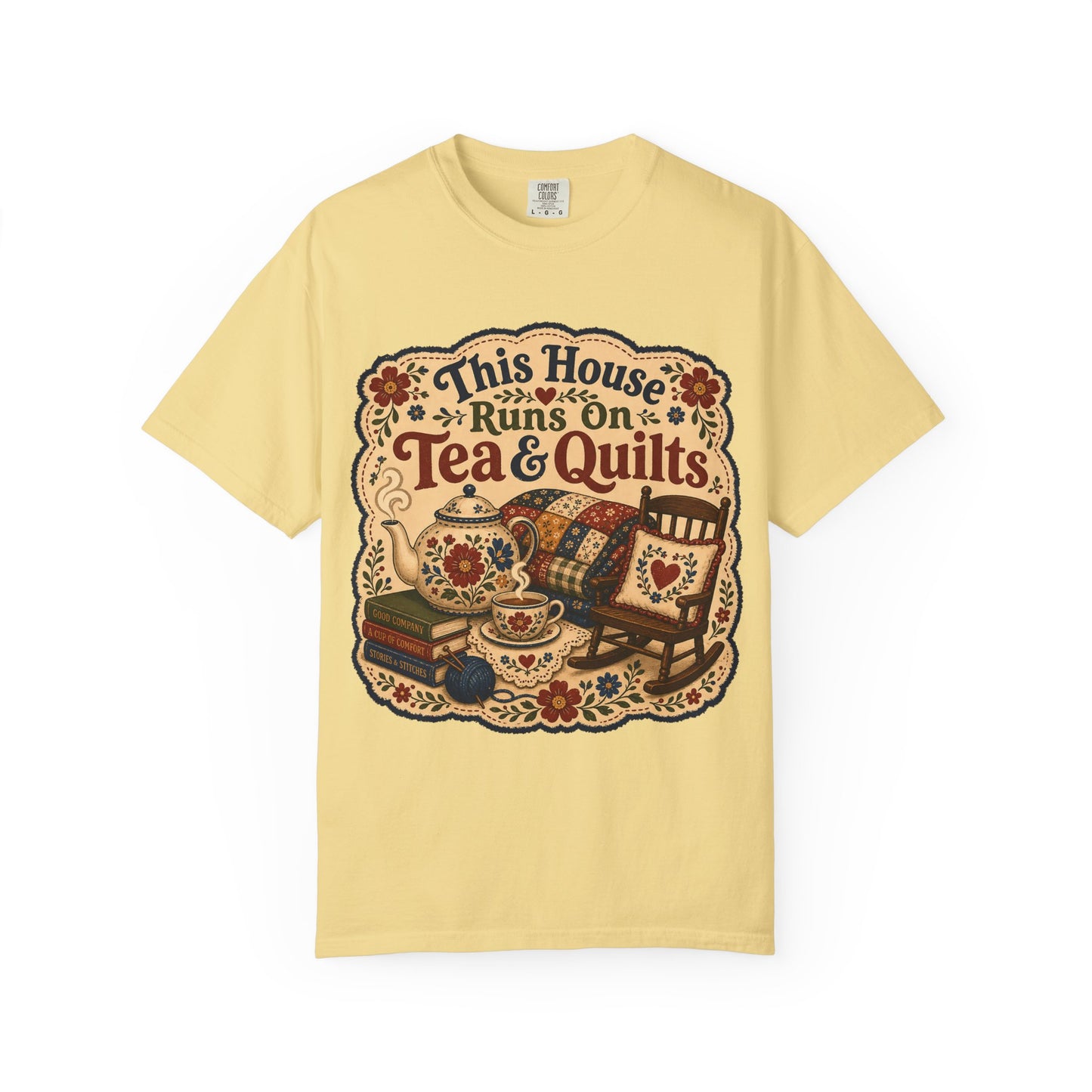 This House Runs On Tea And Quilts Vintage Tee | Grandmacore Rocking Chair Shirt | Gift for Quilters