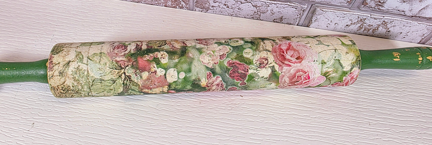 Upcycled Floral Rolling Pin Decor | Distressed Wood & Rose Decoupage | Cottage Farmhouse Style
