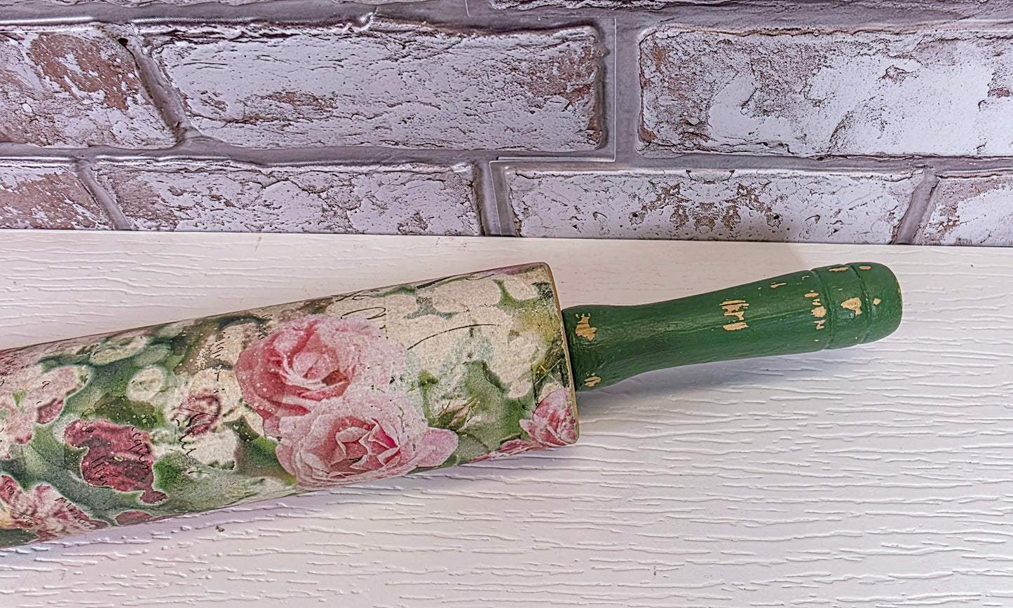 Upcycled Floral Rolling Pin Decor | Distressed Wood & Rose Decoupage | Cottage Farmhouse Style